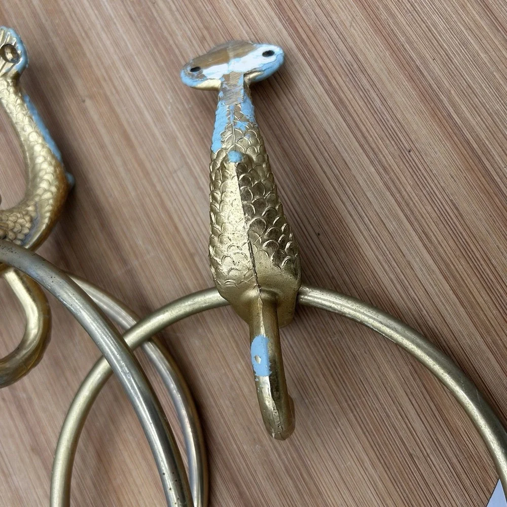 Vtg BRASS‎ Koi Fish (4) Wall Mount Towel Racks, Tissue Set & Tooth Brush/cup